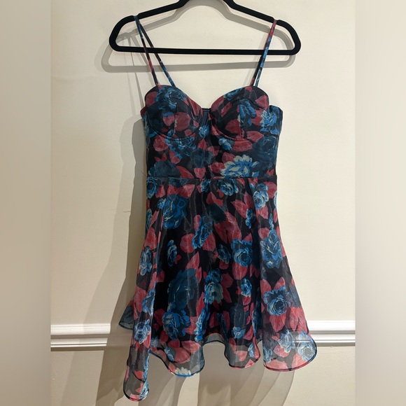 Lulus Gorgeous Ideas Navy Blue Floral Organza Skater Mini Dress Size Medium - Picture 3 of 6